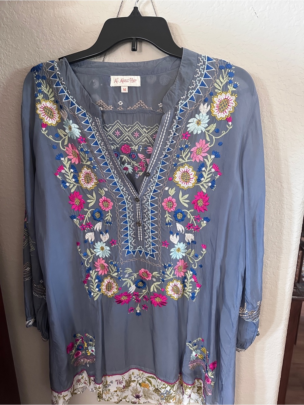 Embroidered Steel Blue V-Neck Boho Tunic